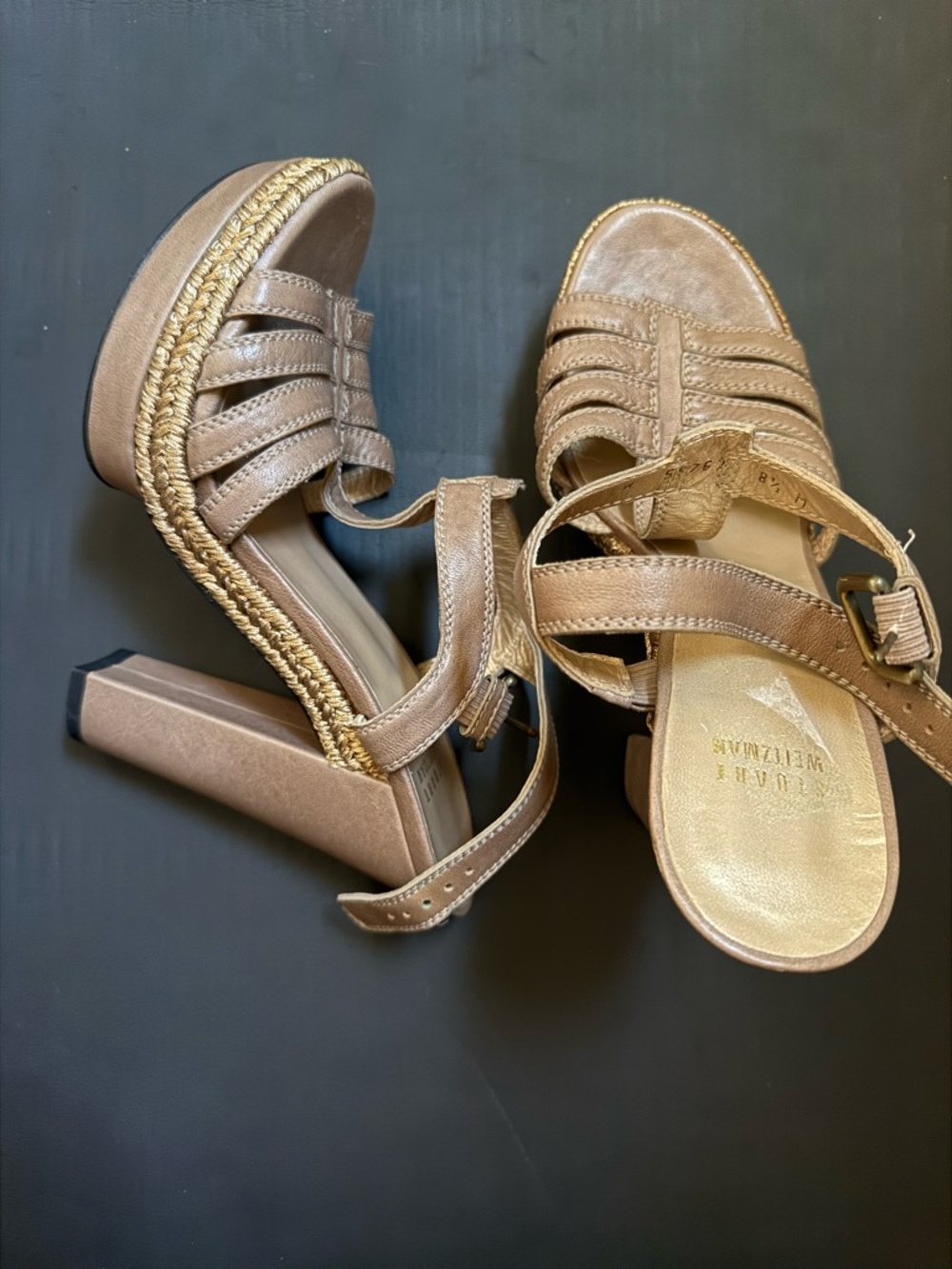 Stuart Weitzman Metallic Tan Platform Wedge Sandals